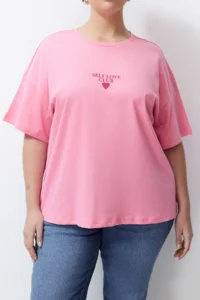 Trendyol Curve Pink Printed Oversized 100% Cotton Knitting T-Shirt - Image 6
