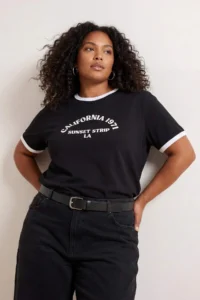 Trendyol Curve Black Crew Neck Printed Knitting Plus Size T-Shirt
