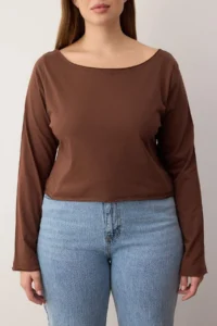Trendyol Curve Brown-Beige 2 Sets Paket 100% Cotton Asymmetric Boat Neck Crop Knitting T-Shirt - Image 6