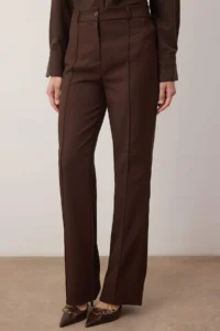 TRENDYOLMİLLA Dark Brown Straight/Plain Cut High Waist Ribbed Stitched Weaving Pants - Image 3