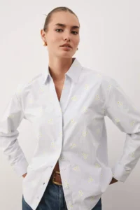 TRENDYOLMİLLA Mavi Striped flower patterned Cotton Oversized Wide Pattern Weaving Shirt