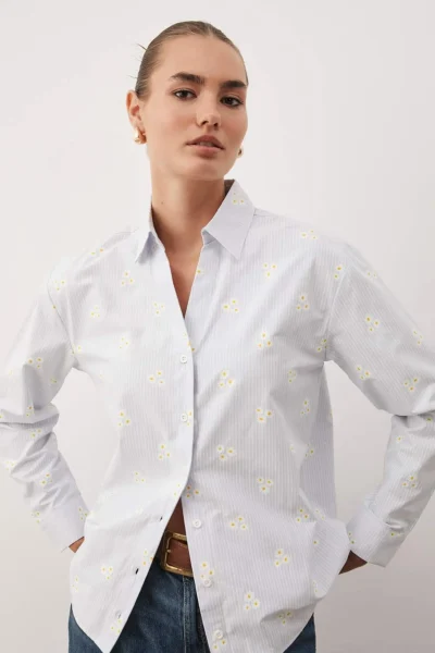 TRENDYOLMİLLA Mavi Striped flower patterned Cotton Oversized Wide Pattern Weaving Shirt
