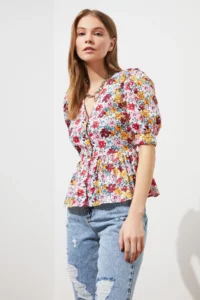 TRENDYOLMİLLA Multicolored Weaving Balloon Sleeve V-neck Floral Shirt