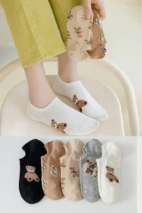 BGK 5 PIECE Flats Socks Teddy Bear Patterned