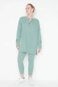 TRENDYOLMİLLA Mint Ribbed Wide Pattern Knitwear Top and Bottom Set - Image 3