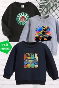 twins tailors My Game Printed 3-Pack Unisex Black-Navy Blue-Grey Crew Neck Kids Sweatshirt