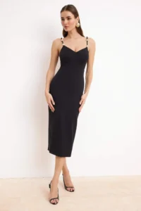 TRENDYOLMİLLA Black Pearl Detailed Weaving Midi Elegant/Evening Dress