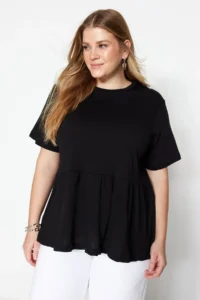 Trendyol Curve Black Crew Neck Wide Pattern 100% Cotton Knitting T-Shirt - Image 4