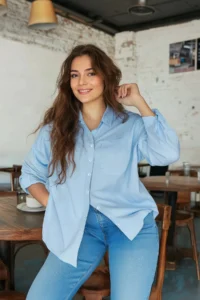 Trendyol Curve Mavi Loose Fit Cotton Long Sleeve Plus Size Weaving Shirt - Image 2