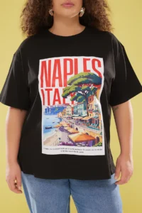 Trendyol Curve Black Crew Neck Wide Pattern Printed Plus Size Knitting Tshirt - Image 3