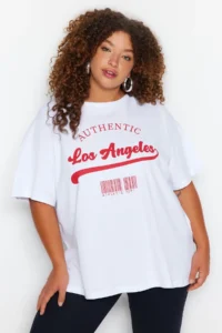 Trendyol Curve White Wide Pattern Crew Neck Printed 100% Cotton Knitting T-Shirt
