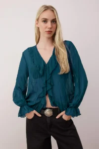 TRENDYOLMİLLA Petrol Blue Blue Blue Wrinkled Siphon Transparent Shirt - Image 2