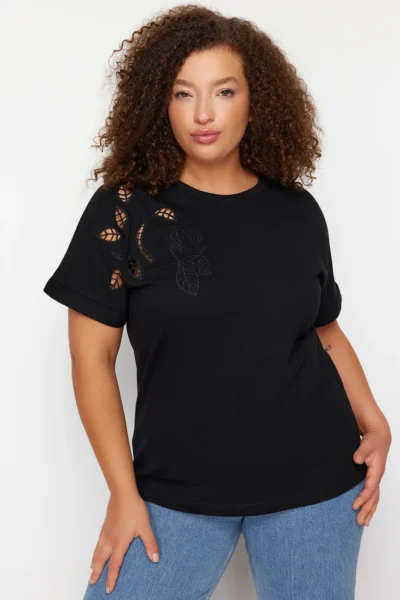 Trendyol Curve Black embroidery Detailed Basic 100% Cotton Knitting T-Shirt