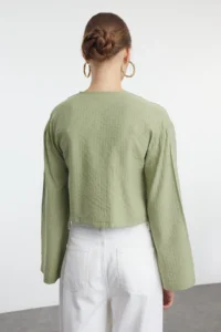 TRENDYOLMİLLA Green Binding Detailed Striped Weaving Shirt - Image 5
