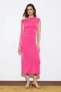 TRENDYOLMİLLA Limited Edition Fuchsia bodycon Asymmetric Yaka Sleeveless with accessories Maxi Flexible Knitting Dress