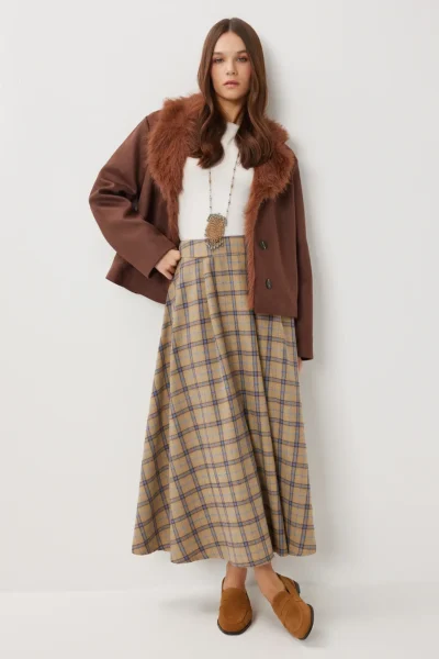 Lovelyİstanbul Checkered pleated flared Weaving Skirt  Beige Blue