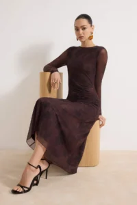 TRENDYOLMİLLA Brown Abstract Ruffle / Drape Maxi Knitting Dress
