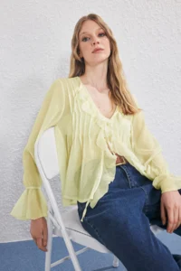 TRENDYOLMİLLA Light Yellow Boho Siphon Ruffle and Tire Detailed Shirt - Image 2