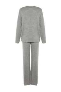 TRENDYOLMİLLA Gray Wide Pattern Basic Fitted Knitwear Top and Bottom Set - Image 7