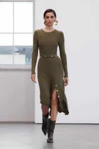 TRENDYOLMİLLA Khaki Mercerized Look Midi Knitwear Snap Button Detailed LONG Dress - Image 2