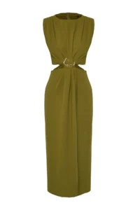 TRENDYOLMİLLA Oil Green A Cut Waist Low-cut and Accessory Detailed Maxi Weaving Crepe Dress