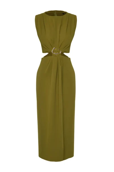 TRENDYOLMİLLA Oil Green A Cut Waist Low-cut and Accessory Detailed Maxi Weaving Crepe Dress
