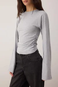TRENDYOLMİLLA Gray Spanish Arm Gathering Detailed Regular/Normal Pattern Knitting Blouse - Image 3