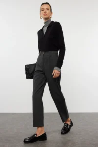 TRENDYOLMİLLA Anthracite Carrot High Waist polyviscone Weaving Dress Pants - Image 2