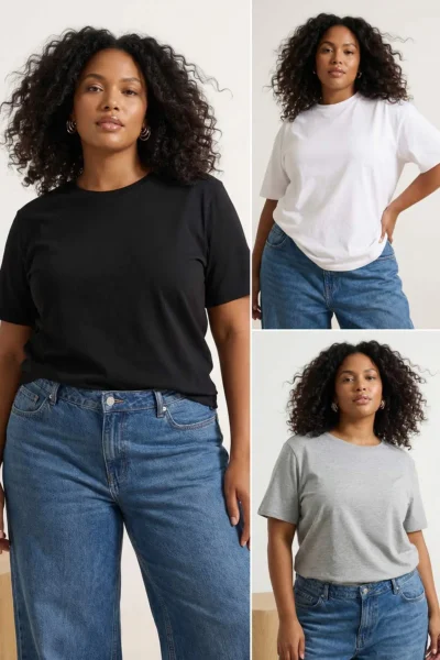 Trendyol Curve White-Gray-Navy Blue 3 Sets Paket Plus Size T-Shirt