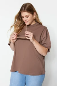 Trendyol Curve Brown Collar Ribbed Wide Pattern Basic 100% Cotton Knitting T-Shirt - Image 2