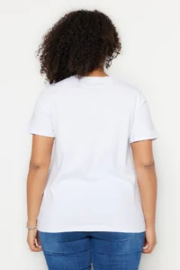 Trendyol Curve White V-neck Basic 100% Cotton Knitting T-Shirt - Image 5