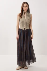 Lovelyİstanbul Patterned Wrinkle Effect Chiffon Skirt  BLUE KHAKI