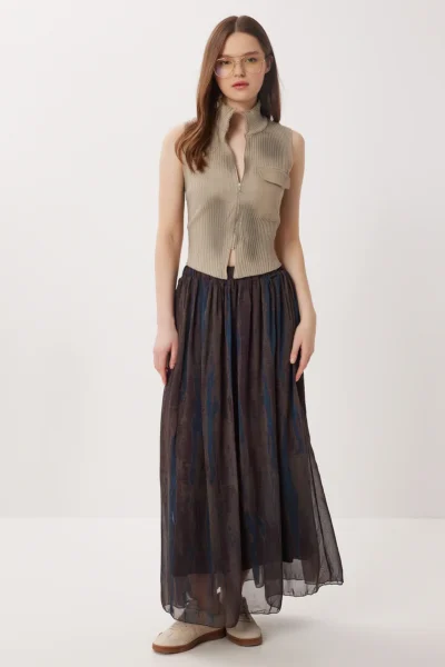 Lovelyİstanbul Patterned Wrinkle Effect Chiffon Skirt  BLUE KHAKI