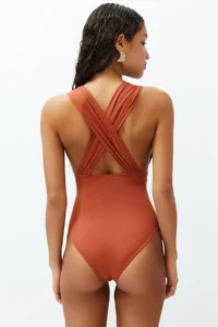 TRENDYOLMİLLA Brick Rejection Drapeli Deep V-neck Covered Regular Swimsuit - Image 5