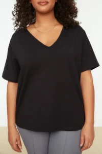 Trendyol Curve Black V-neck Basic 100% Cotton Knitting T-Shirt - Image 4