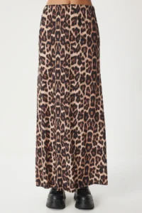 Happiness İstanbul Women's Black Beige Leopard Patterned Long Woven Skirt - Image 7