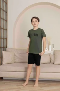 Tarık Men's Youth and Children's Khaki Short Sleeve Shorts Combed Cotton Pajama Set - Image 2