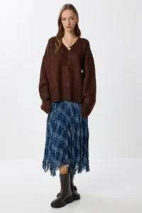 Lovelyİstanbul Patterned Wrinkle Effect Midi Chiffon Skirt  DARK BLUE - Image 4
