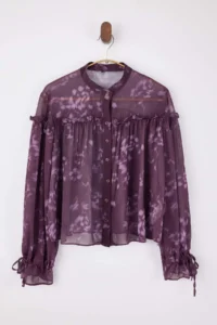 TRENDYOLMİLLA Burgundy-Multicolored Floral Ruffle Detailed Bohemian Unlined Shirt - Image 5
