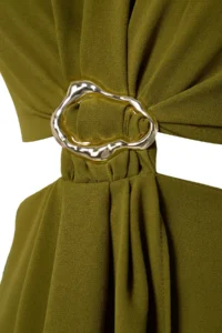 TRENDYOLMİLLA Oil Green A Cut Waist Low-cut and Accessory Detailed Maxi Weaving Crepe Dress - Image 2