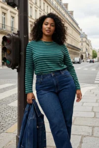 Trendyol Curve Green Striped Regular/Normal Pattern Basic Crew Neck Knitting T-Shirt