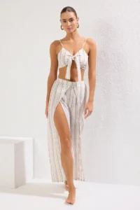 TRENDYOLMiLLA Beige Striped Weaving slit Beach High Waist Blouse-Pants Set - Image 3
