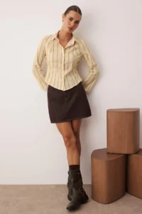 TRENDYOLMİLLA Yellow-Multicolored Waist Shirred Fitted Sleeves Wide Shirt
