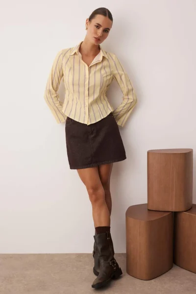 TRENDYOLMİLLA Yellow-Multicolored Waist Shirred Fitted Sleeves Wide Shirt