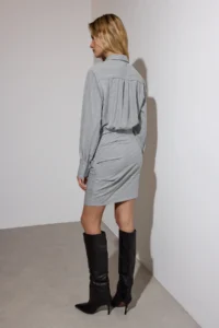 TRENDYOLMİLLA Gray Striped polyviscone Drape Detailed Fitted Mini Weaving Dress - Image 4