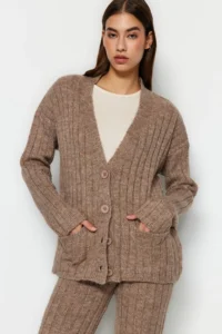 TRENDYOLMİLLA Mink Wide Pattern Soft textured Knitwear Top and Bottom Set - Image 2