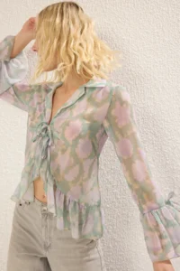 TRENDYOLMİLLA Multicolored tied up Weaving Shirt with Ruffle Detail on Front Body and Sleeve