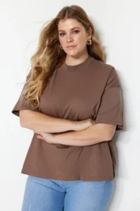 Trendyol Curve Brown Collar Ribbed Wide Pattern Basic 100% Cotton Knitting T-Shirt - Image 3