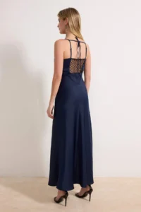 TRENDYOLMİLLA Navy Blue Lace Detailed Weaving Satin Midi Elegant/Evening Dress - Image 5