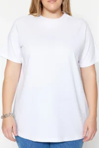 Trendyol Curve White Navy Blue Ribbed relaxed 100% Cotton Knitting T-Shirt - Image 3